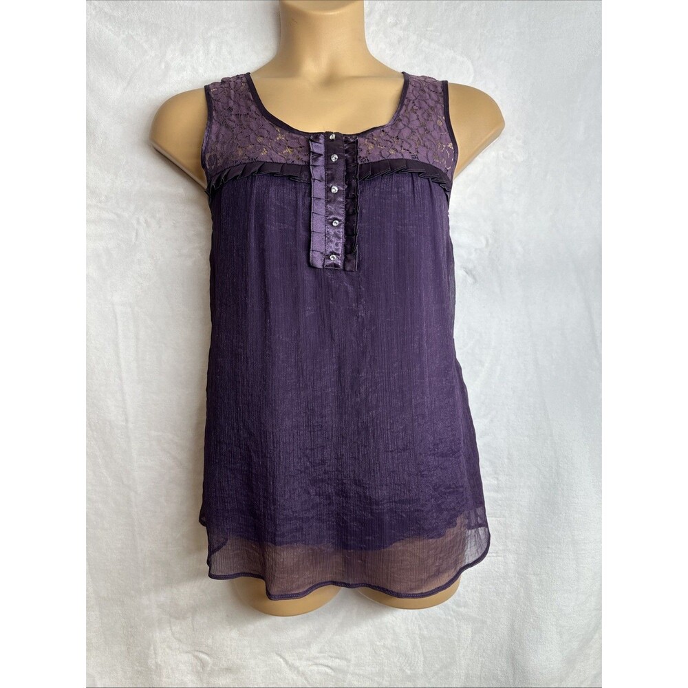 Studio Y Y2K Purple Sheer Lace Babydoll Tank Top L Chiffon Rhinestone Boho